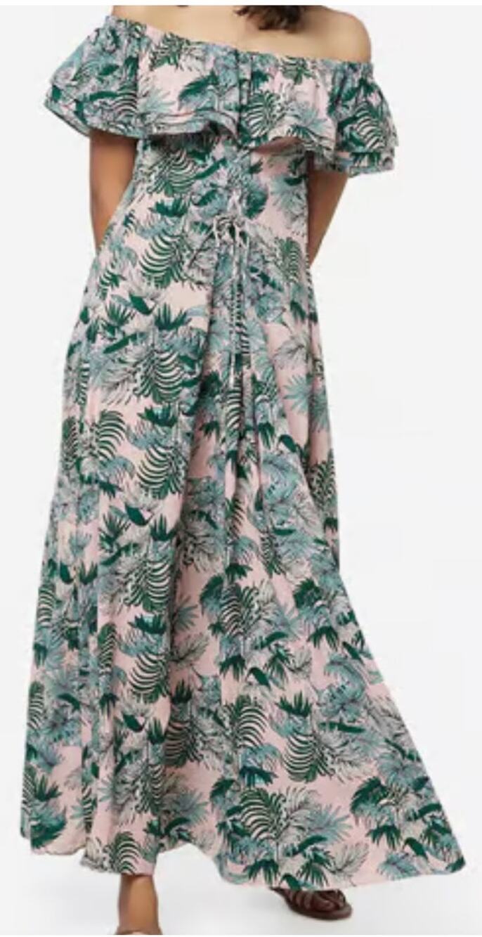 Nuon by Westside Pink tropical Medium Maxi tie waist off shoulder ruffle $199
